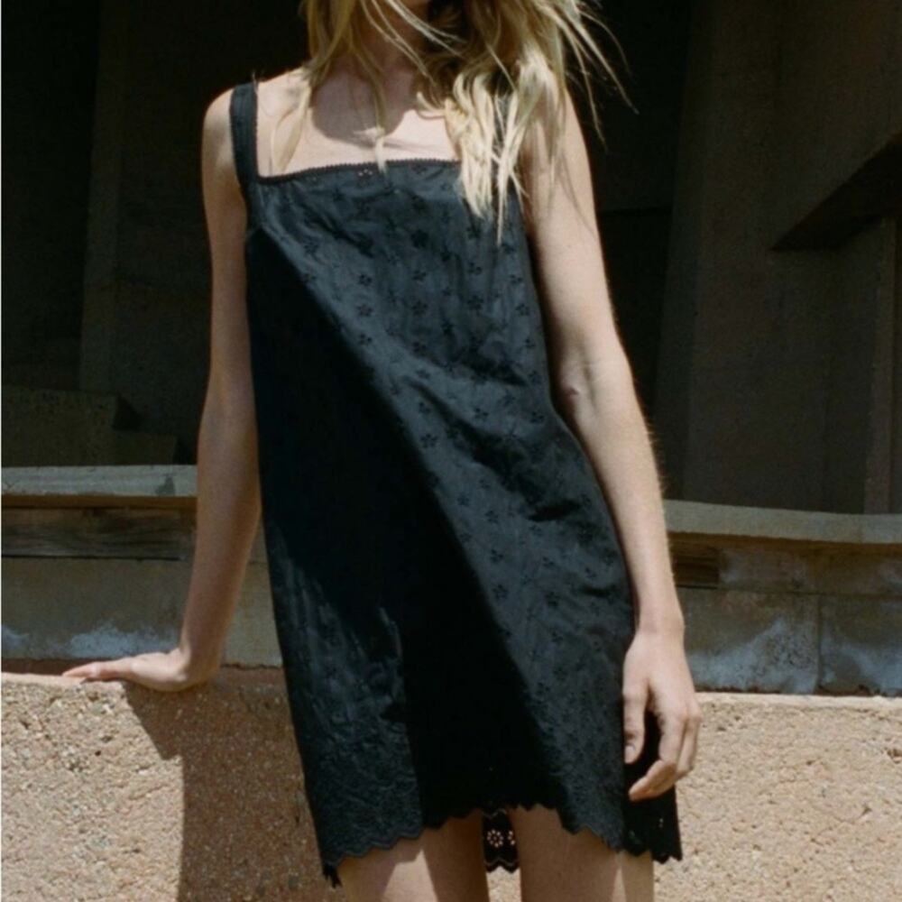 NWT Doen Carina Cotton Poplin Eyelet Trim Sleeveless Cami Tank Mini Dress Black